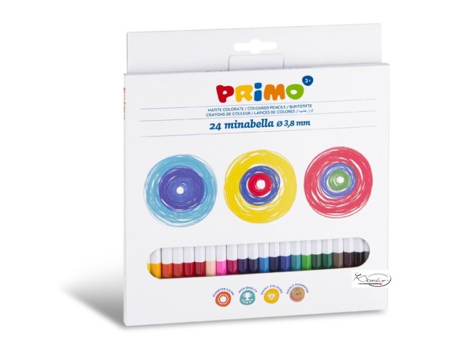 Kvalitní lakované šestihranné pastelky s vysokým množstvím pigmentu - barvy jsou sytých odstínů. Pastelky mají průměr 3,8mm oproti klasickým (Primo), které mají průměr  2,9mm. Jsou vhodné pro všechny druhy papíru. Sada 24 barev.