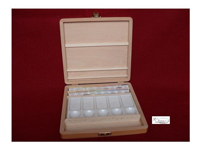 Set akvarelových barev v dřevěné kazetě 18ks + porcelánová paleta